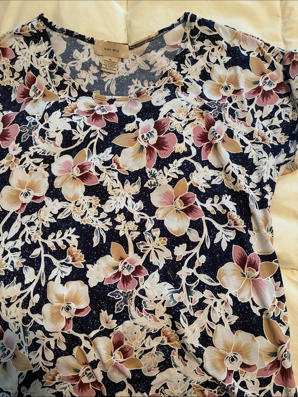 Dana Belle Navy Floral Short Sleeve Tee with Cream & Mauve Blooms